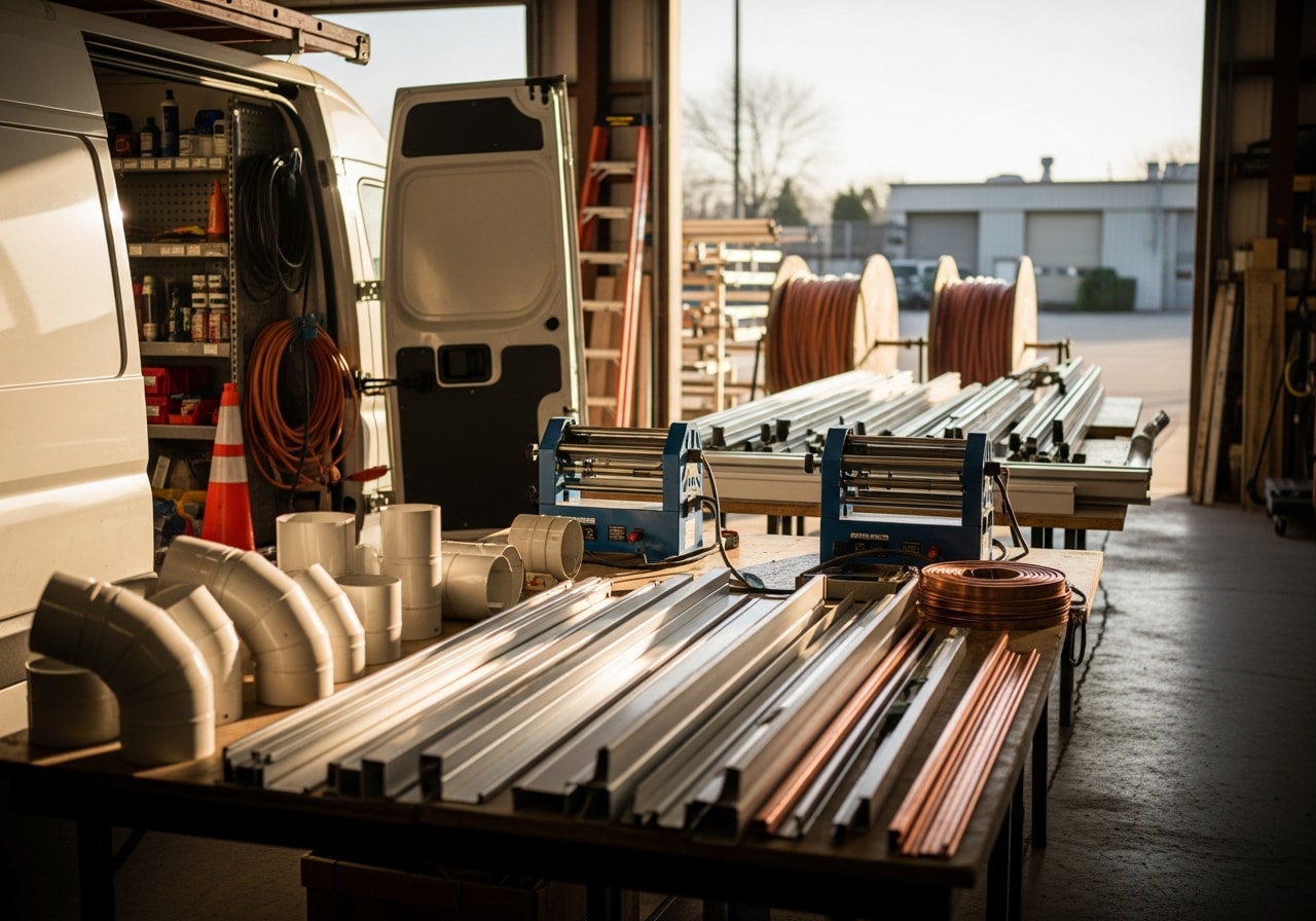 Professional crew with tools and equipment ready for home improvement installation work.