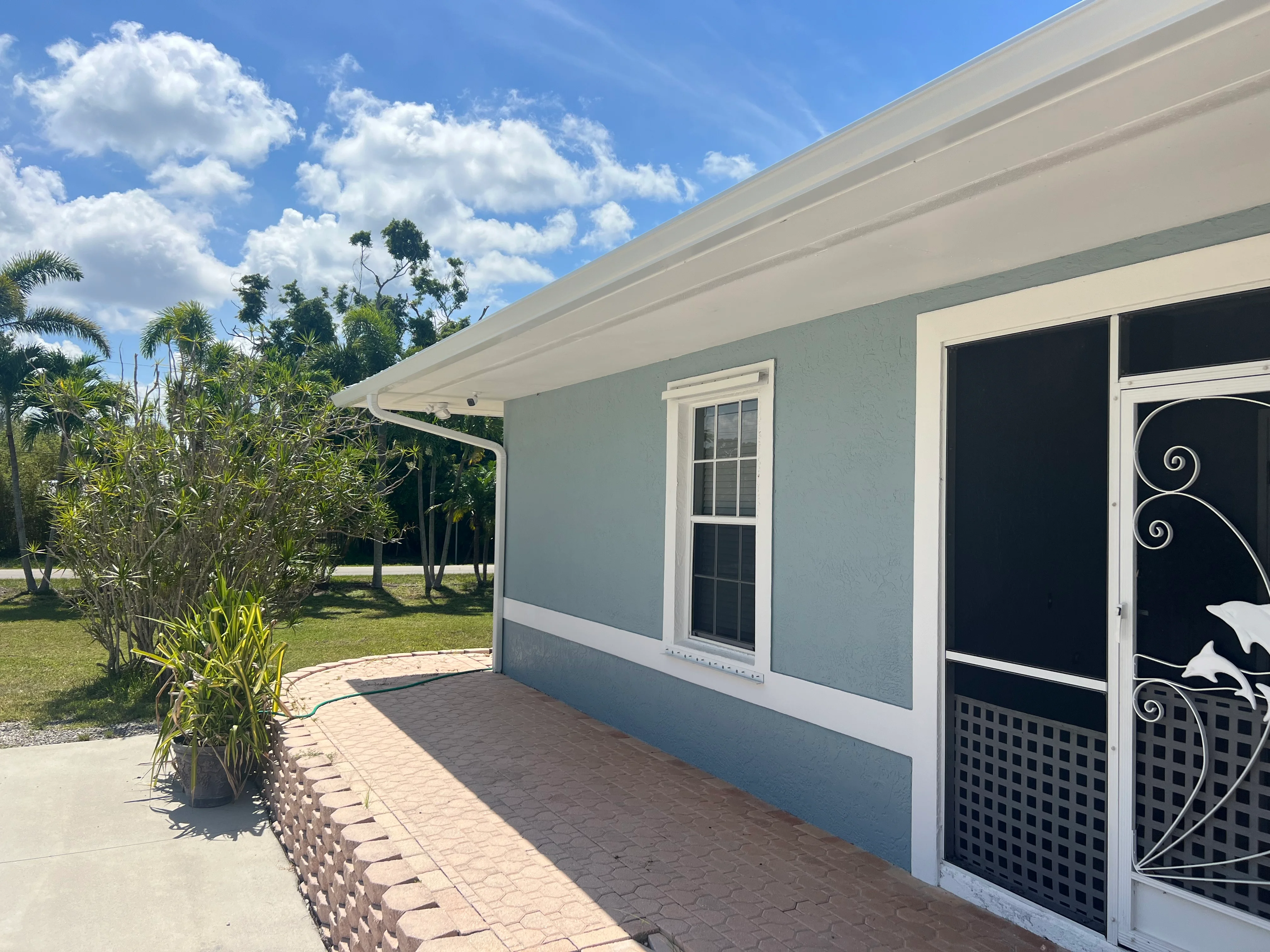 Two-tone painted home exterior with white trim, painted fascia and soffit, tropical landscaping