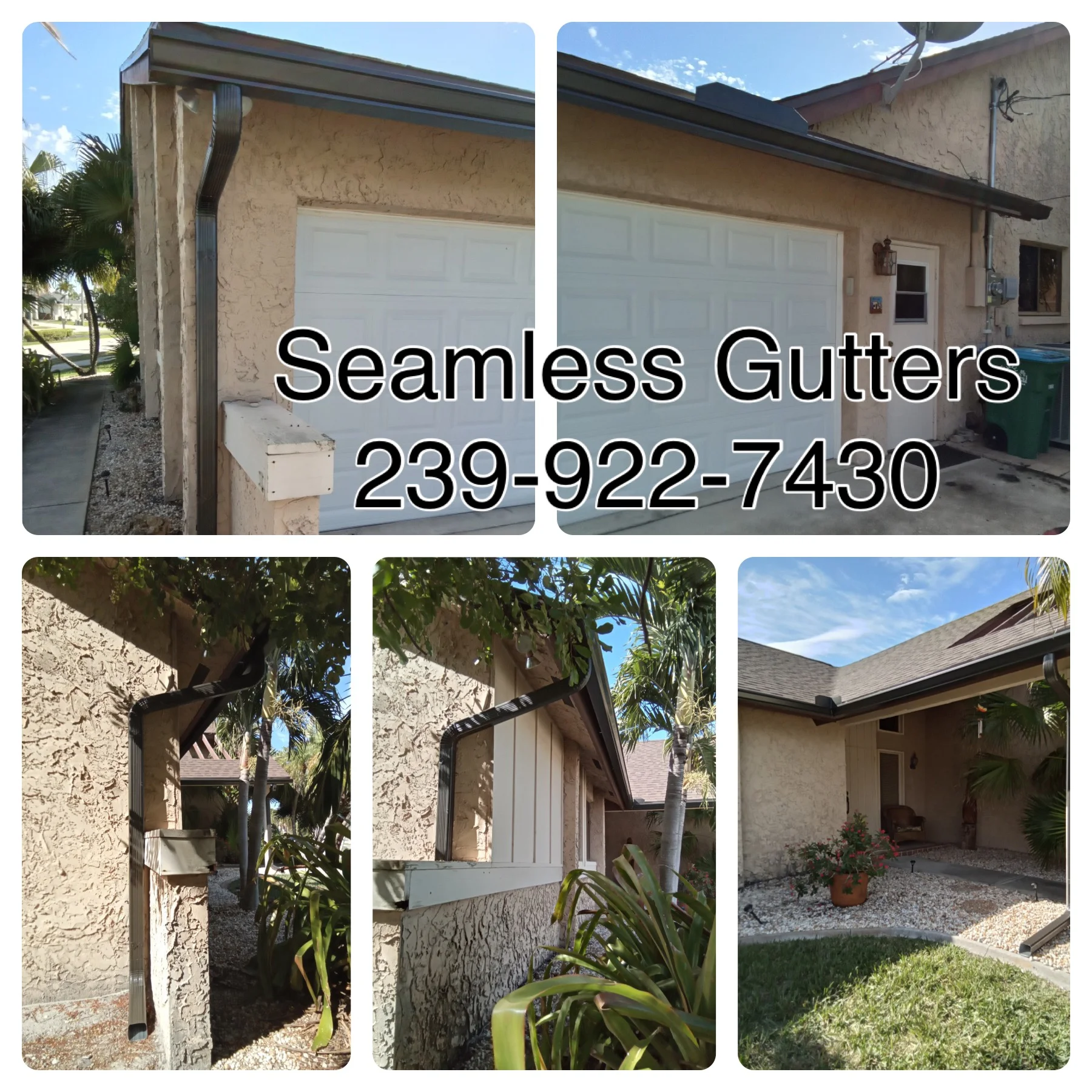 Black seamless aluminum gutters installed on stucco home with downspouts and brackets