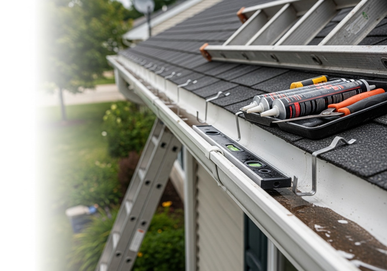 Repaired and realigned aluminum gutters on residential home in Macomb, Michigan
