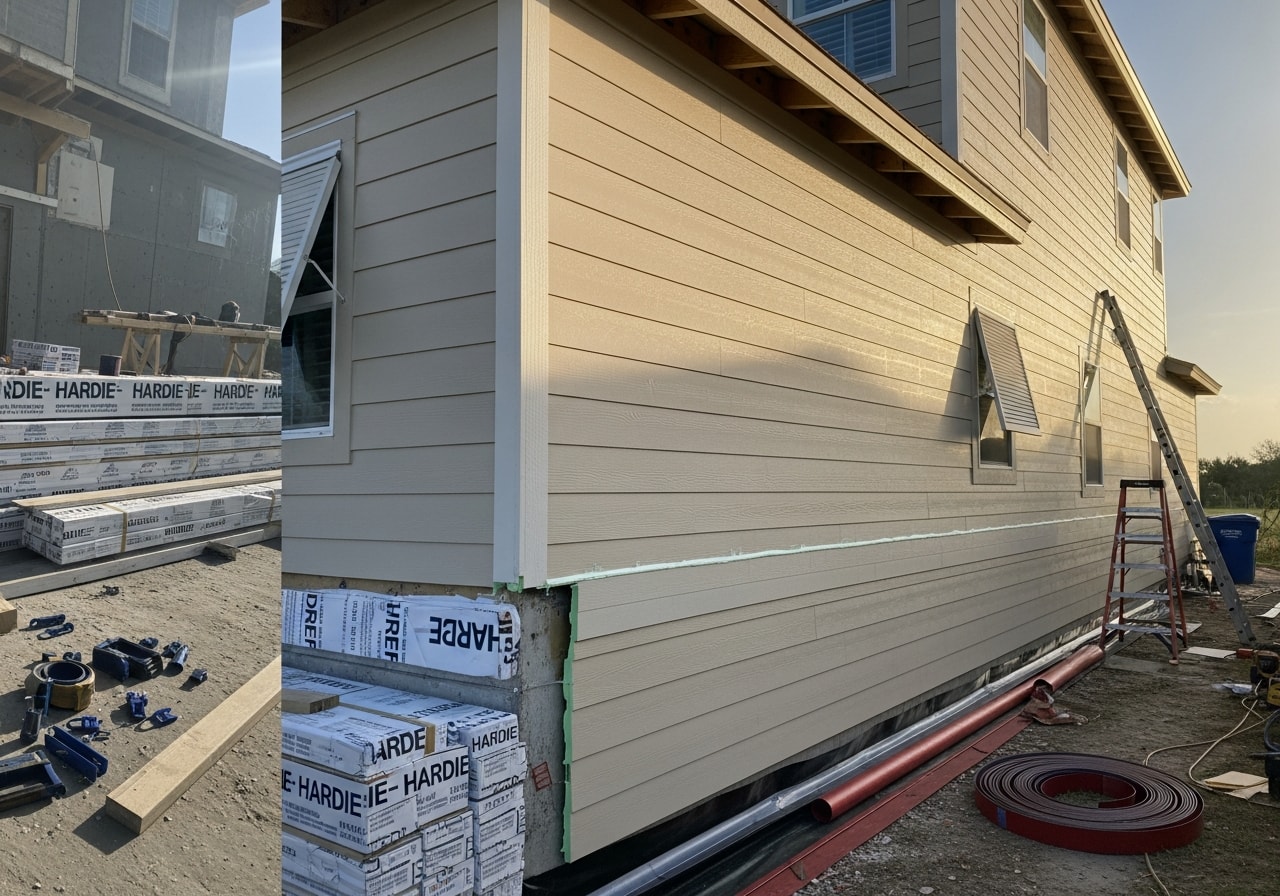 Sand-colored Hardie board siding with hurricane-resistant fasteners installed on home in Fort Myers, Florida