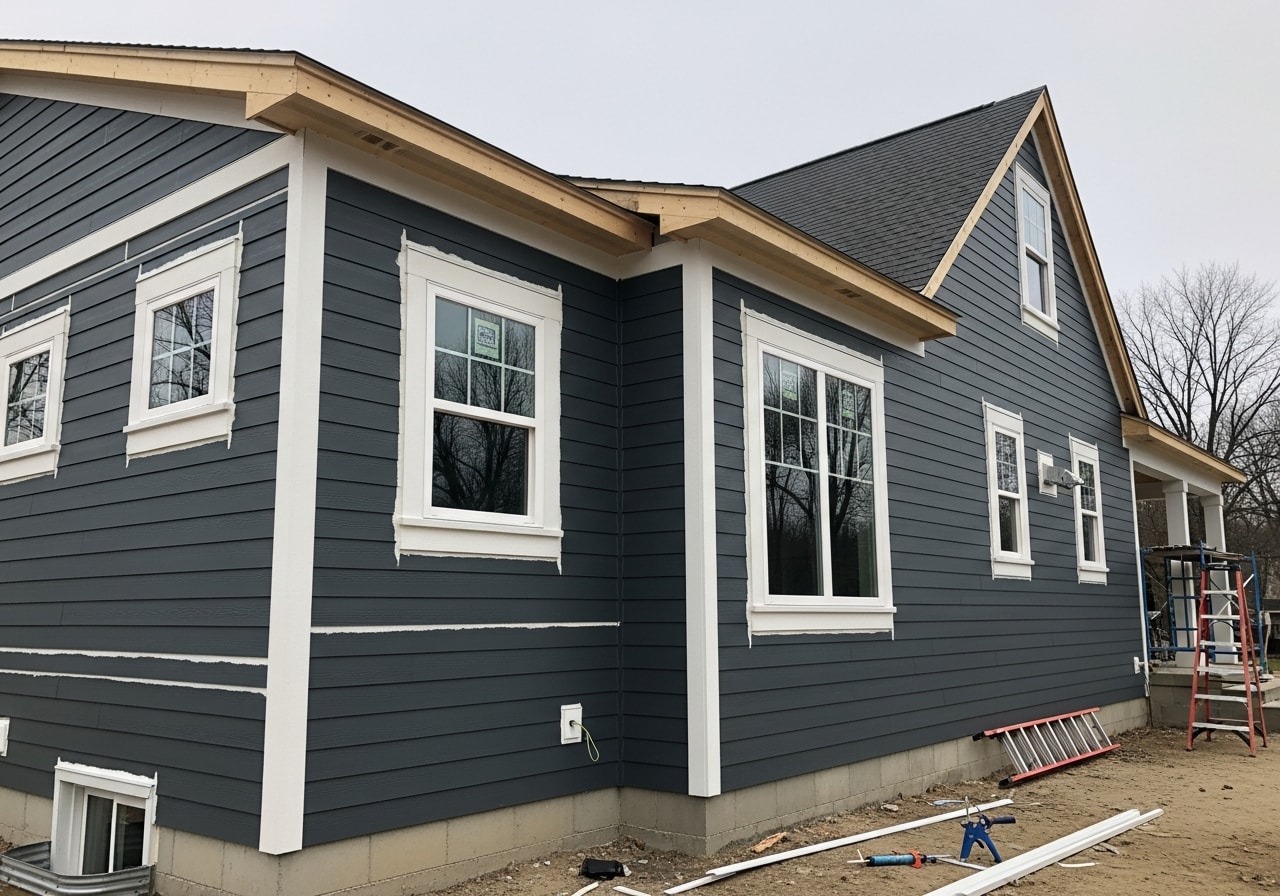 Charcoal Hardie board fiber cement siding with new trim installed on home in Roseville, Michigan