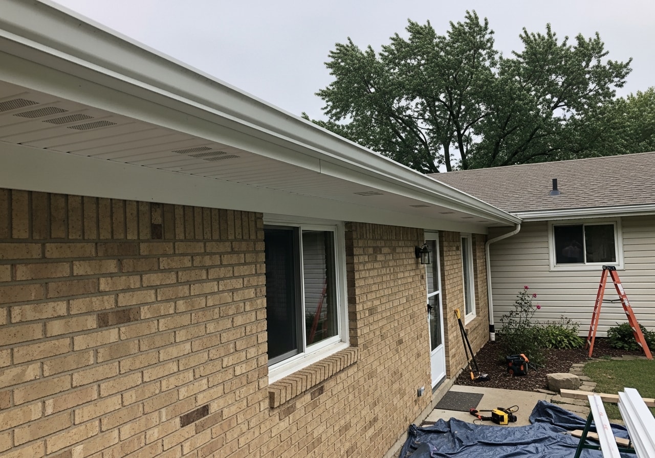 New vinyl soffit and aluminum fascia installed along roofline of home in Chesterfield, Michigan