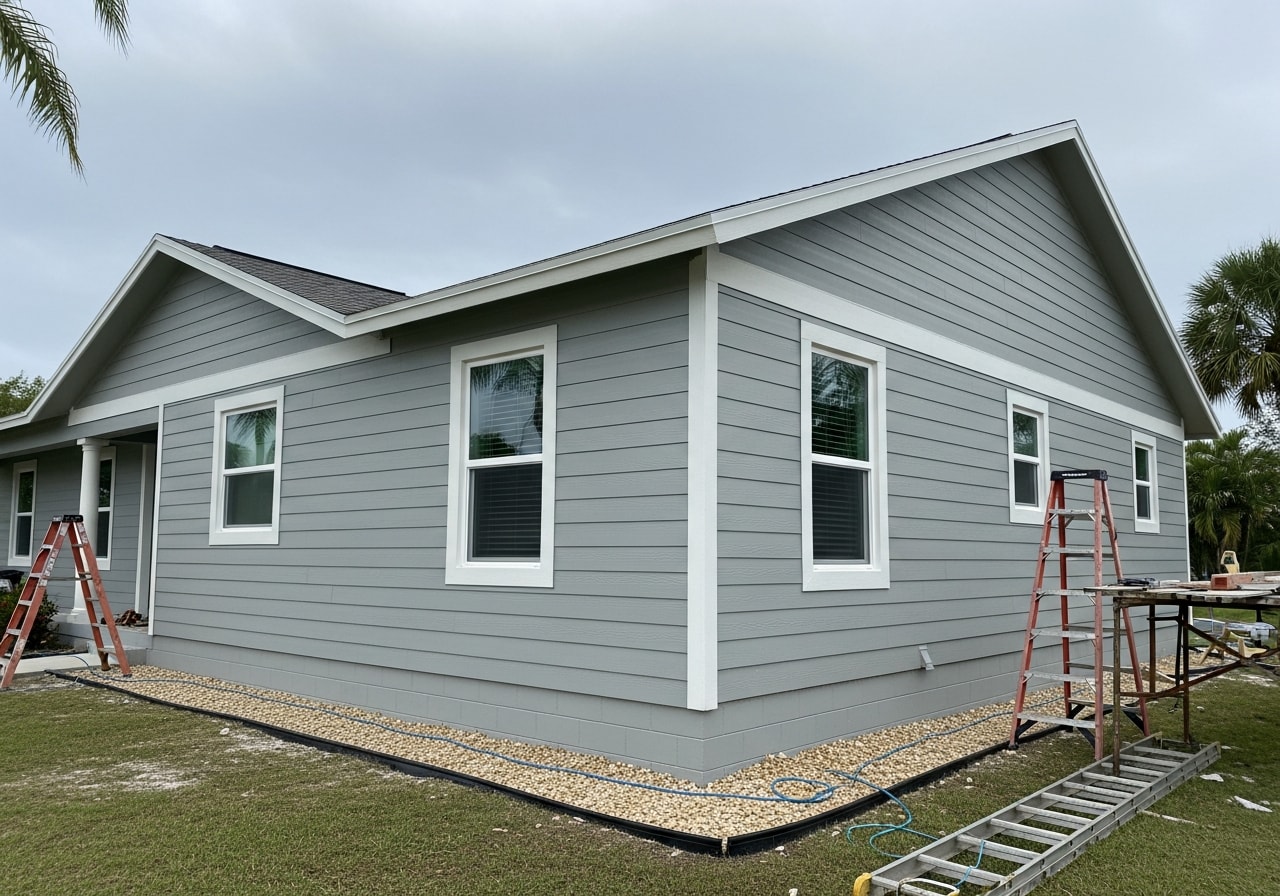 New gray vinyl siding installed on full exterior of residential home in Cape Coral, Florida