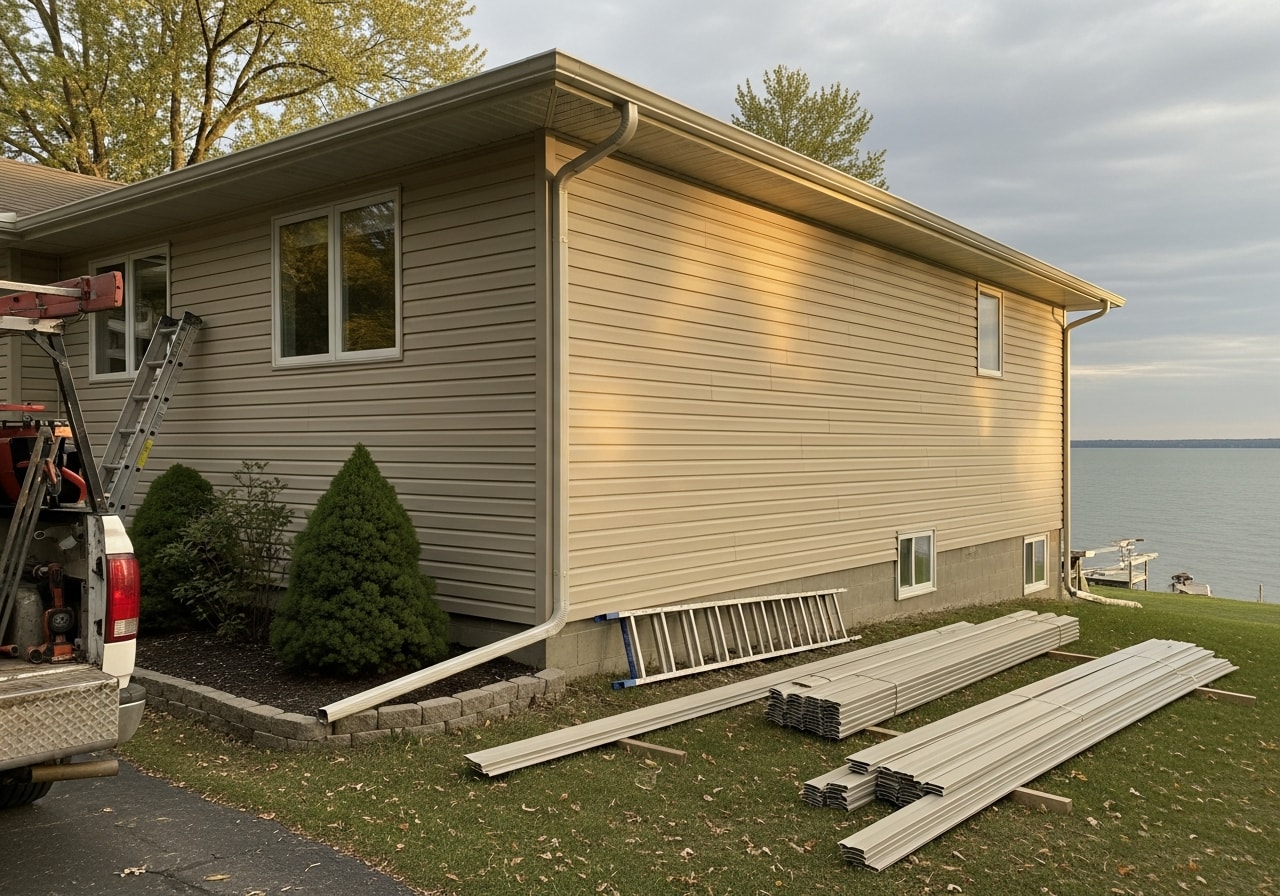 New sand-colored vinyl siding and 6-inch gutters installed on lakeside home in Saint Clair Shores, Michigan