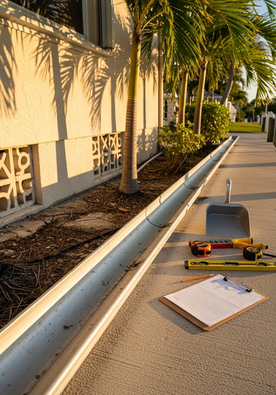 Licensed technician in Cape Coral setting with inspection tools, standing near waterfront property with palm trees.