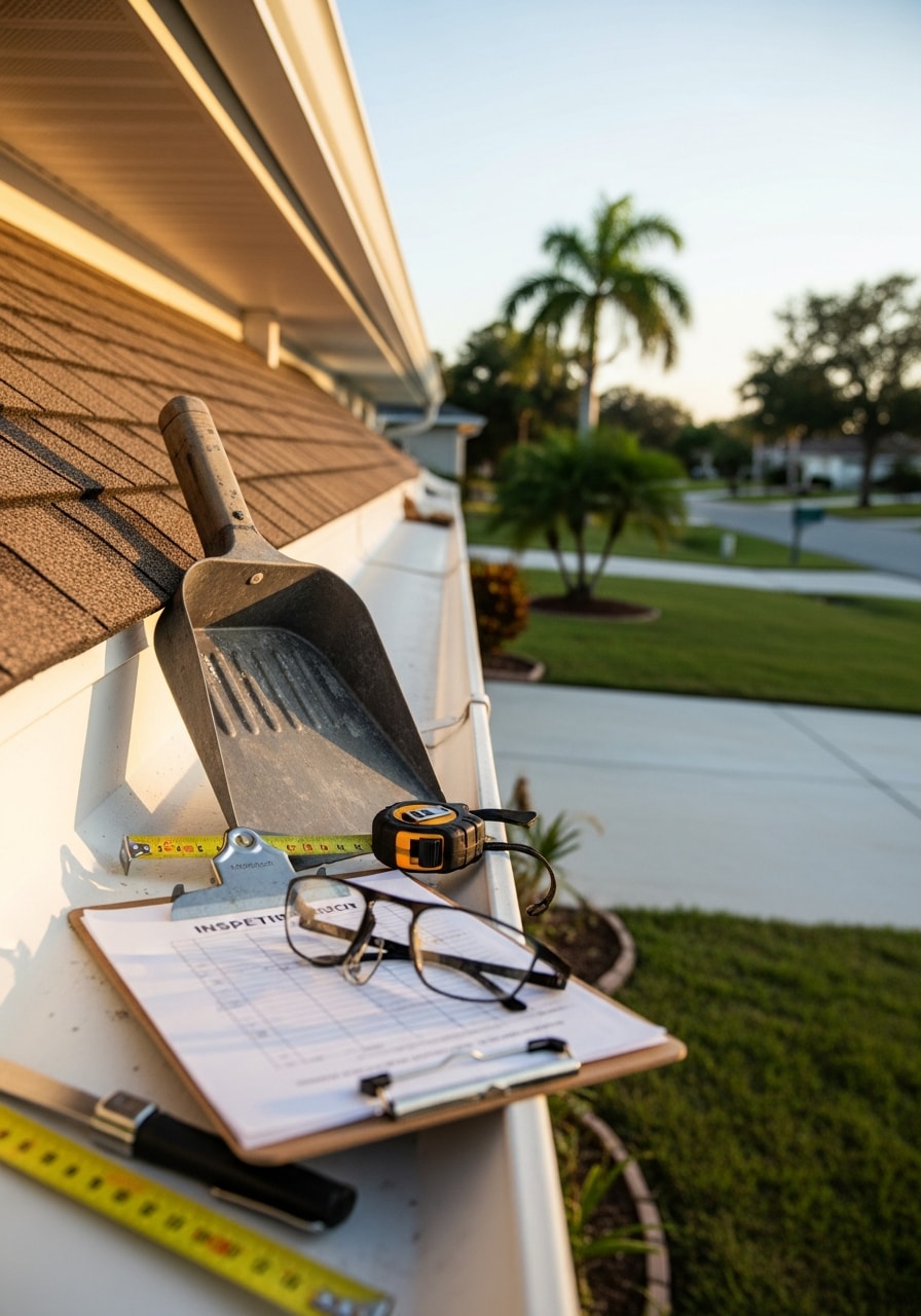 Licensed technician in Lehigh Acres setting with inspection clipboard and tools on residential property.