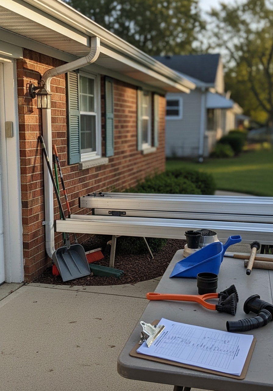 Licensed professional in Macomb work uniform holding inspection clipboard on residential property driveway.
