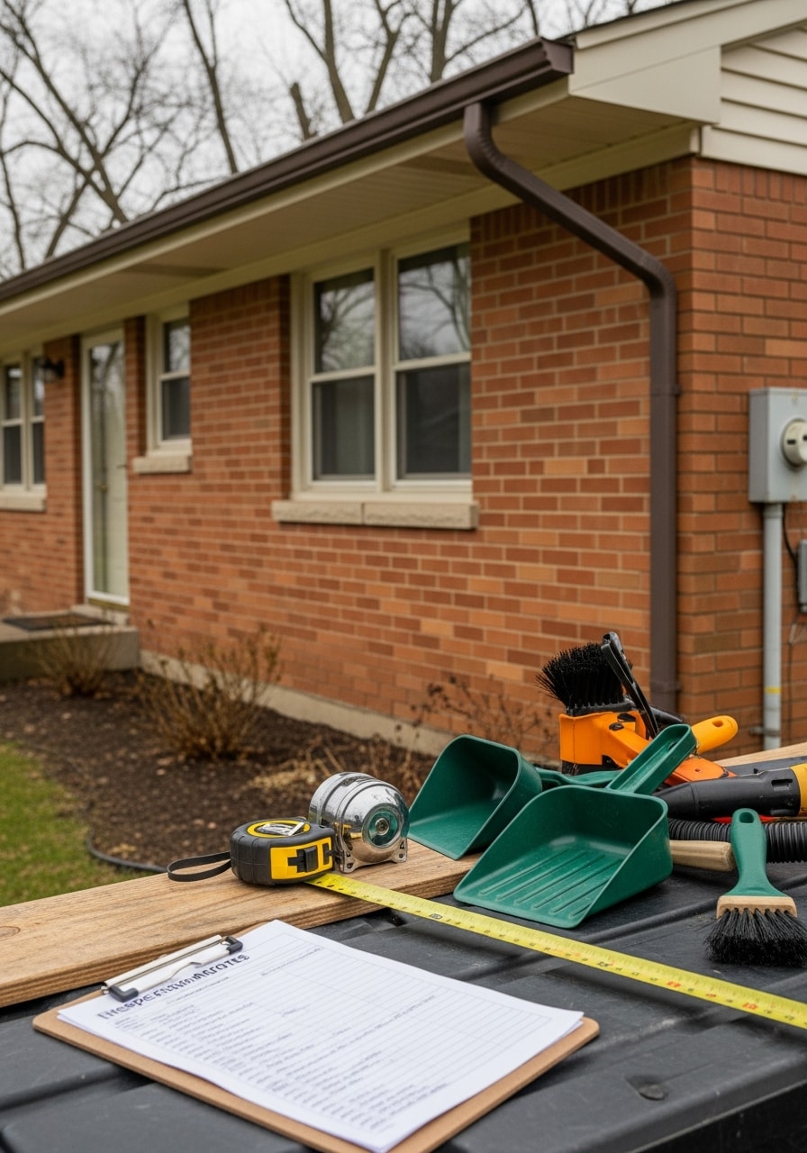 Licensed professional in work uniform standing on Roseville driveway with inspection equipment and clipboard.