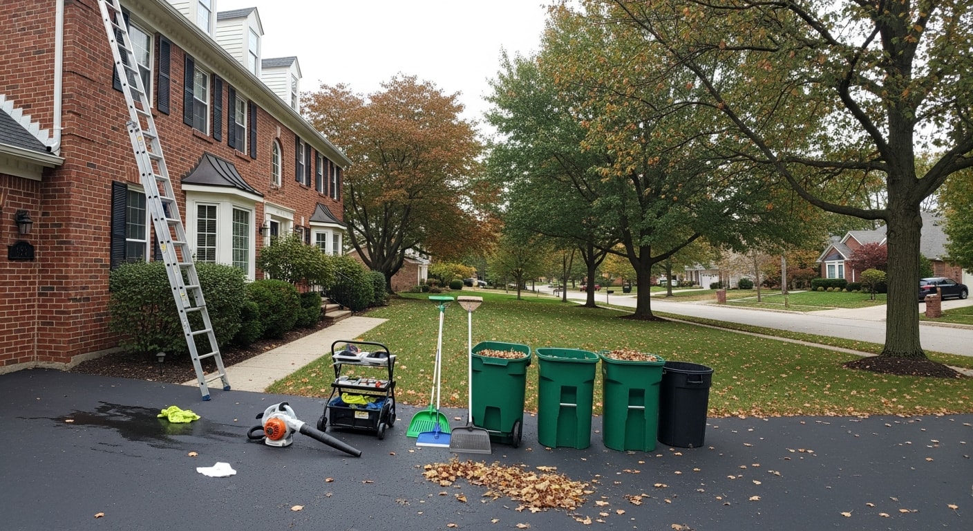 Professional crew working on residential property in Warren, Michigan neighborhood with mature trees and brick homes visible.