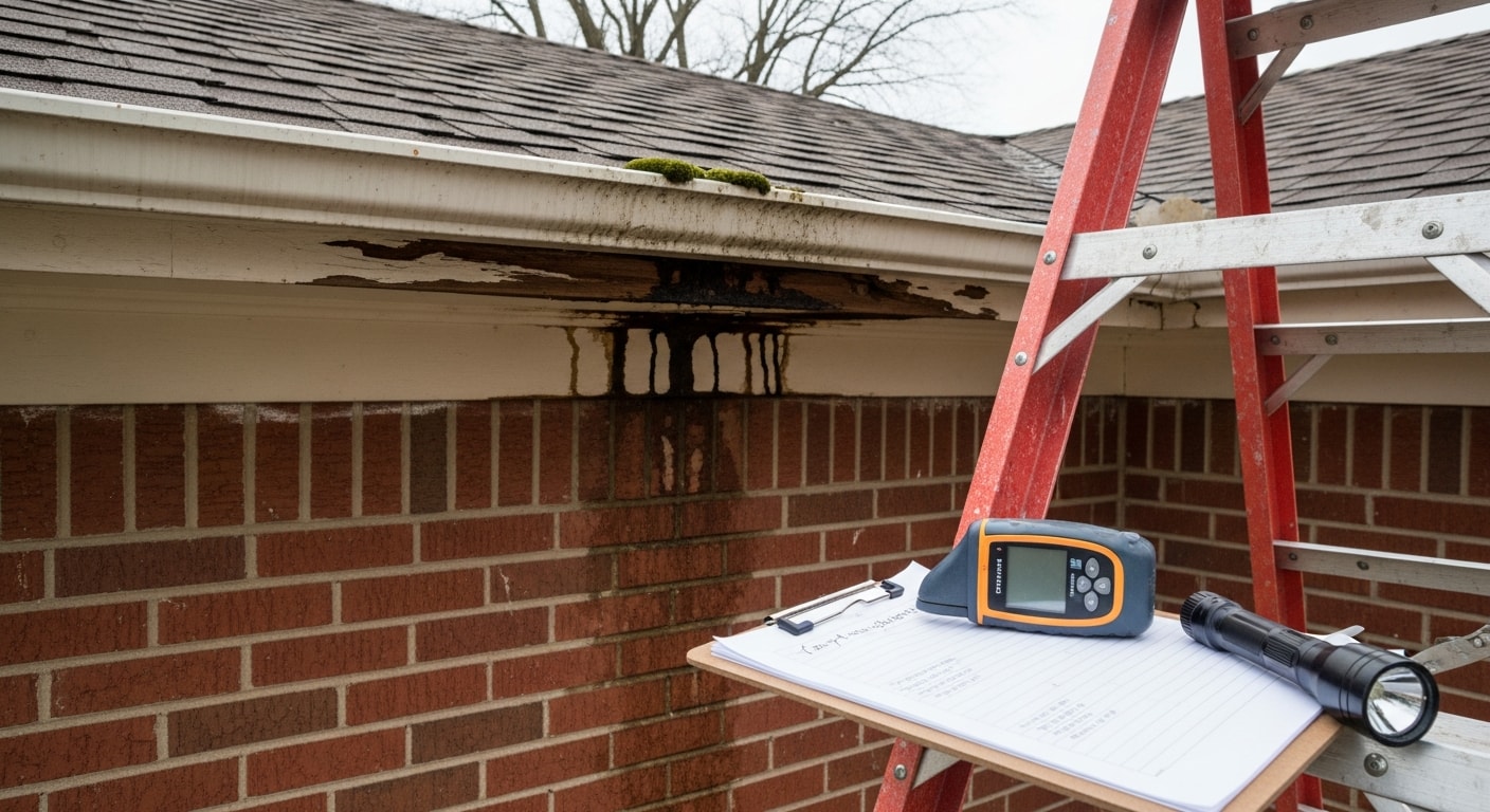 A Chosen Home Improvement contractor inspecting the exterior siding and roofline of a brick ranch home in Warren, MI for storm and weather damage. Close-up view shows the inspector documenting findings on a mid-20th-century residential property.