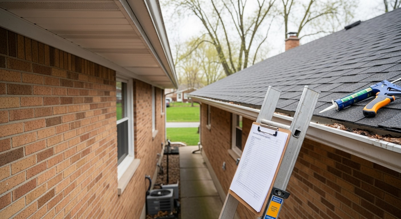 A home improvement professional inspecting the roofline, gutters, and brick siding of a mid-century brick ranch home in Warren, Michigan. The inspector examines the fascia and downspout connection at the corner of the house on a clear day.