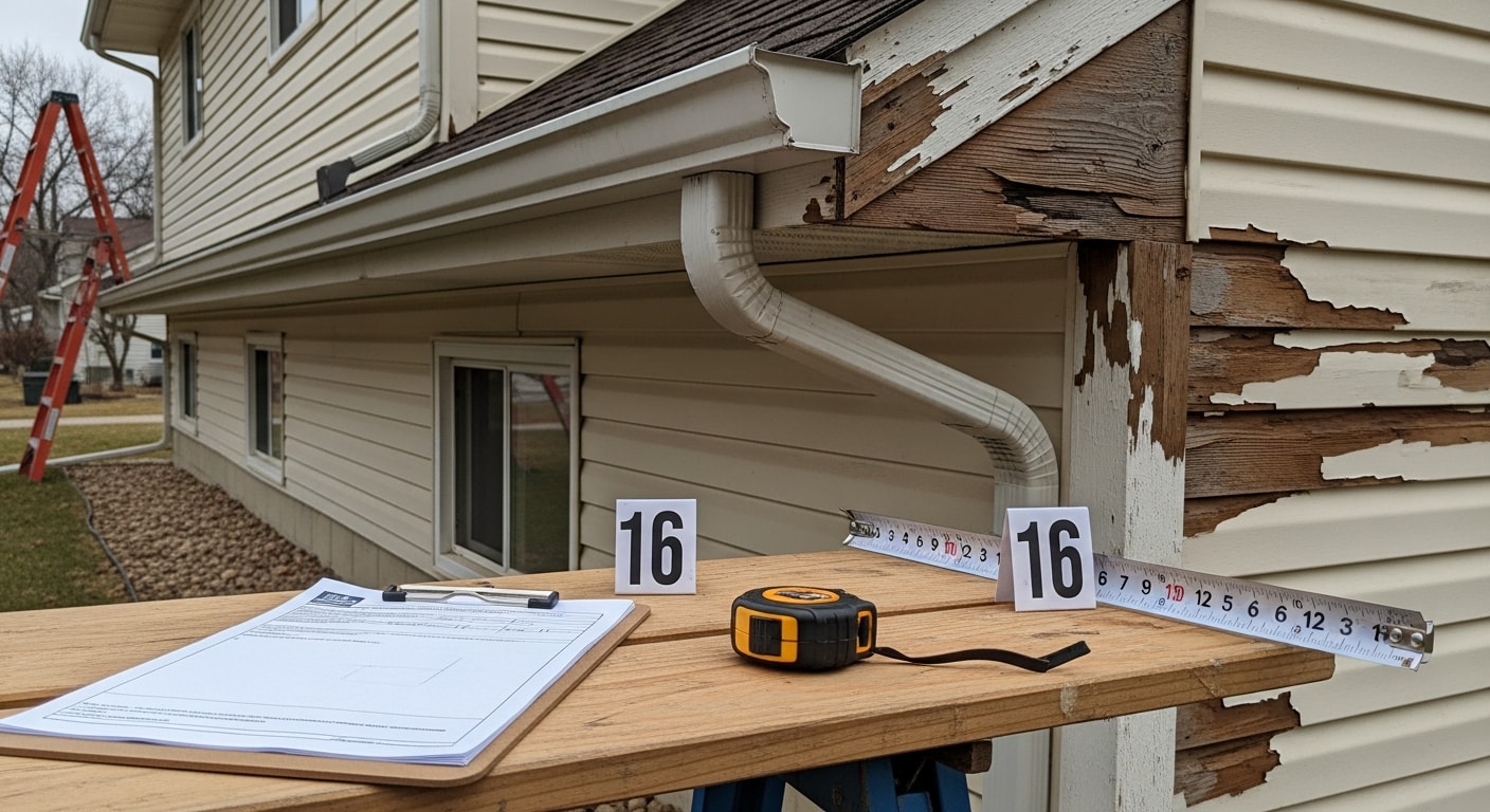 A Warren, Michigan home with freshly renovated exterior siding, updated trim, and clean gutters visible against a residential street. A home improvement contractor reviews a planning document with the homeowner on the front porch.