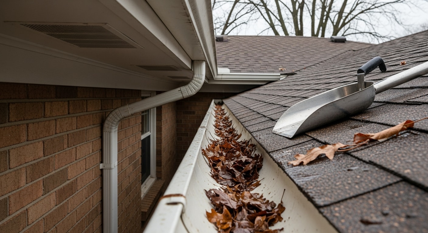 A Chosen Home Improvement technician removing compacted leaf and seed debris from the gutters of a brick ranch home in Warren, MI. The downspout is being flushed clear with water running freely away from the foundation.