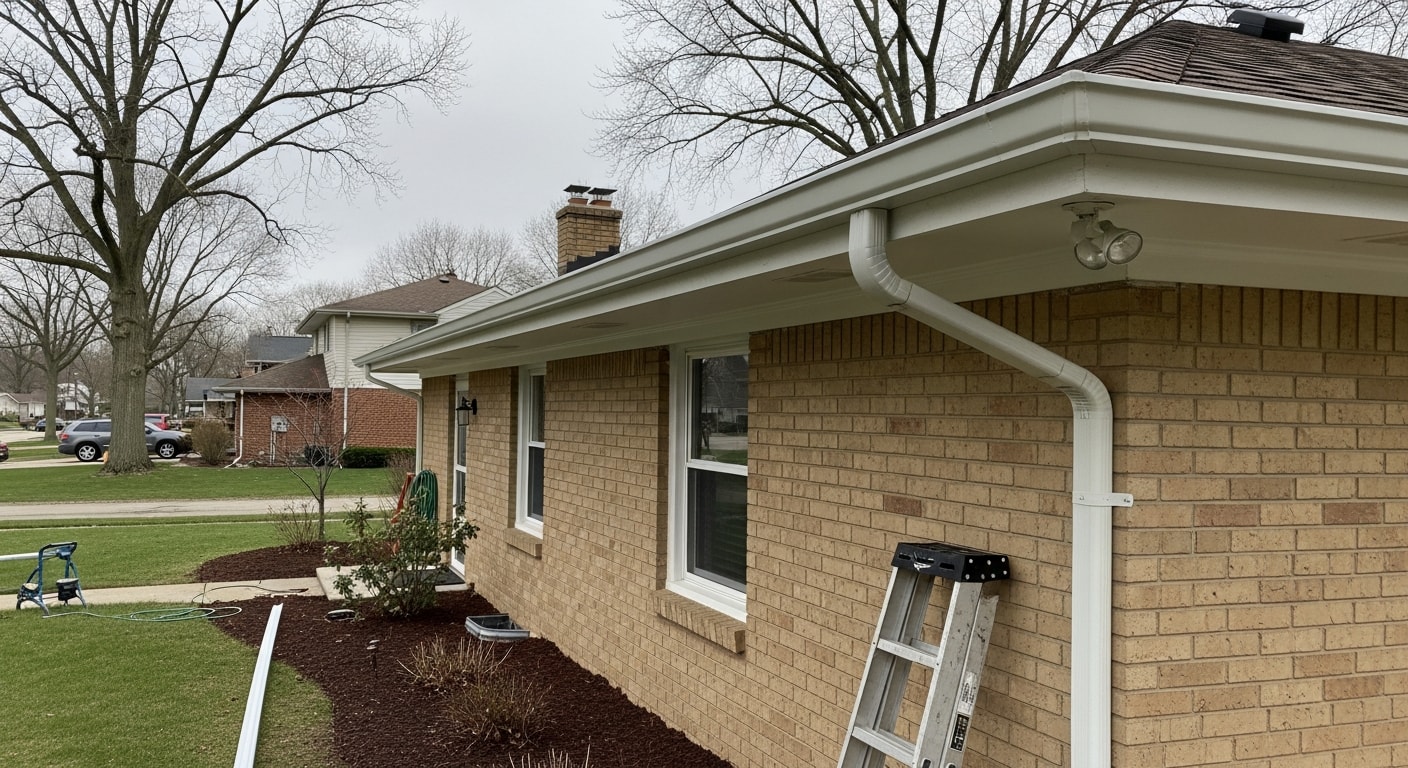 New seamless gutters installed along the roofline of a single-story brick home in Warren, MI. Downspout runs cleanly to a splash block near the foundation with no visible sagging or separation.