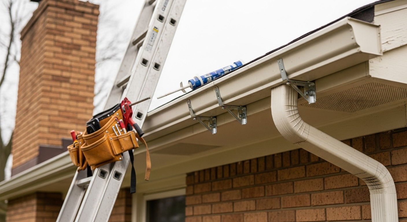 A gutter repair technician resealing a leaking joint on a brick ranch home in Warren, MI. The repaired section shows clean, properly aligned gutters running along the roofline with a downspout directed away from the foundation.
