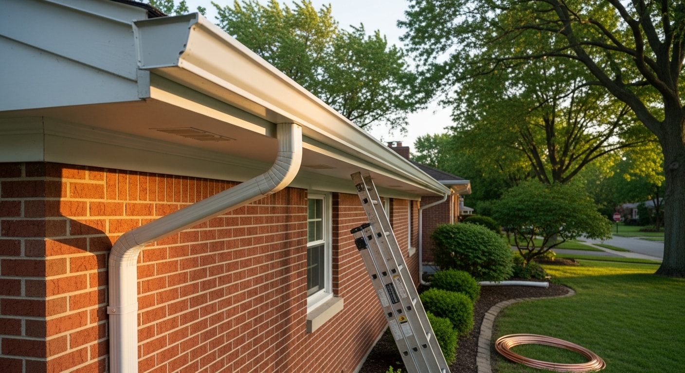 New gutters installed along the roofline of a 1960s brick ranch home in Warren, Michigan, with clean downspouts directing water away from the foundation. Close-up shows a flush fascia connection and properly pitched channel with no visible sagging or separation.
