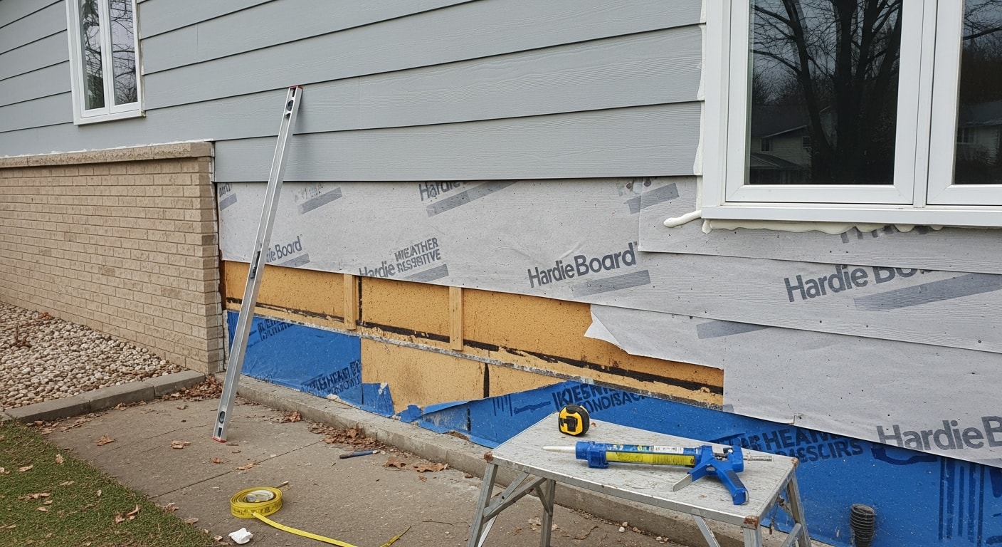 Freshly installed Hardie Board fiber cement siding on a single-family home in Warren, MI, showing clean horizontal lap panels and trim around a front-facing window. The exterior reflects a completed installation ready for Michigan's seasonal weather conditions.