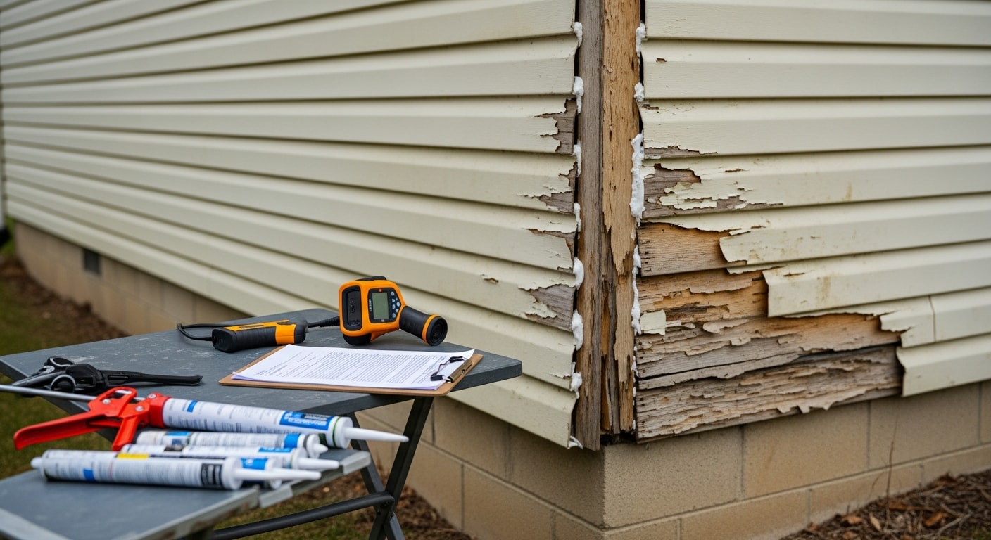 A siding contractor from Chosen Home Improvement inspecting the exterior panels of a mid-century ranch home in Warren, MI, checking for cracks and moisture damage along the lower courses. Close-up view shows a gloved hand pressing against a warped vinyl panel near a window trim joint.