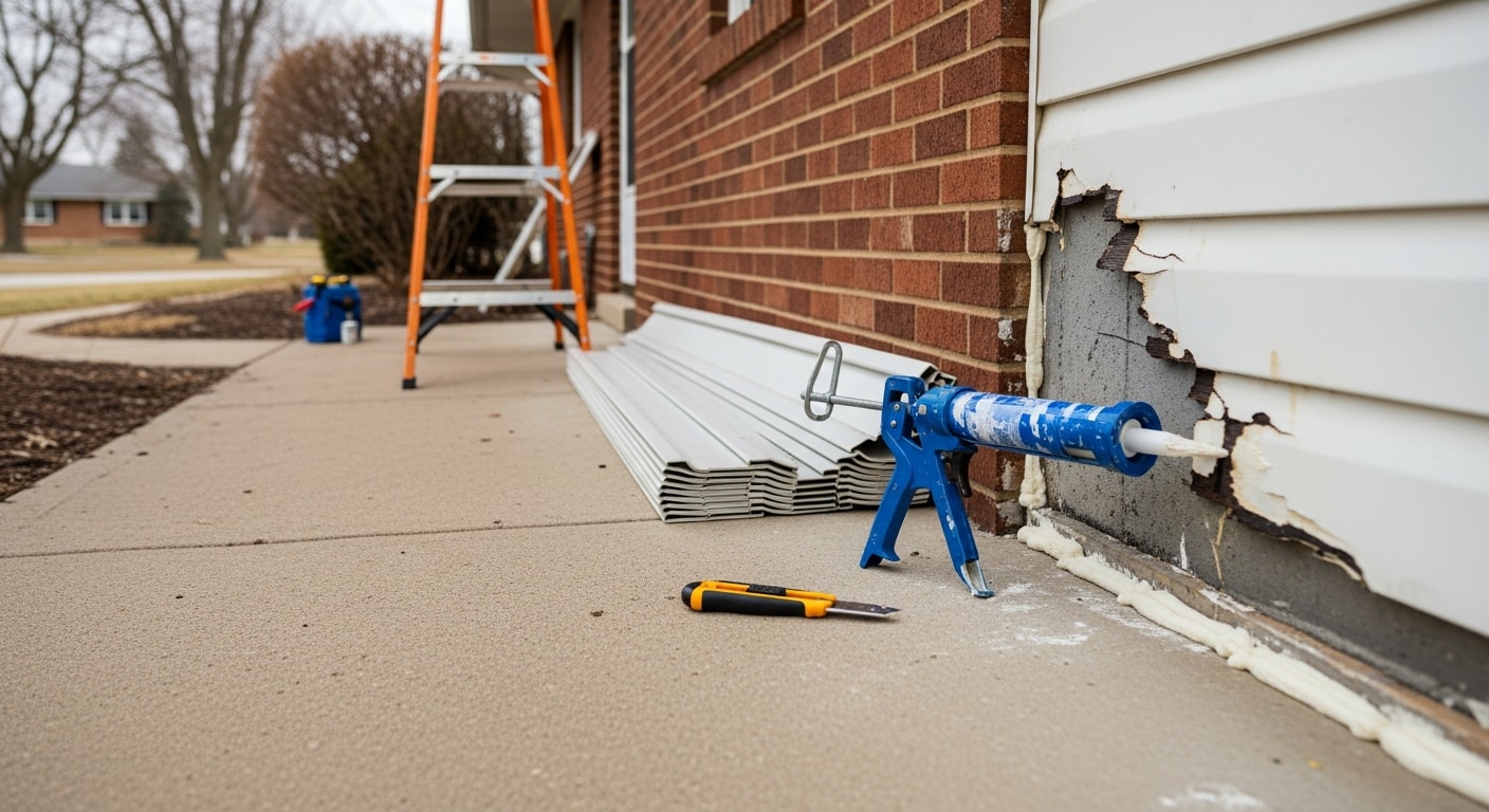 A Chosen Home Improvement crew member replacing a cracked siding panel on a mid-century ranch home in Warren, MI. The repaired exterior wall shows flush, properly seated panels with no visible gaps along the trim line.