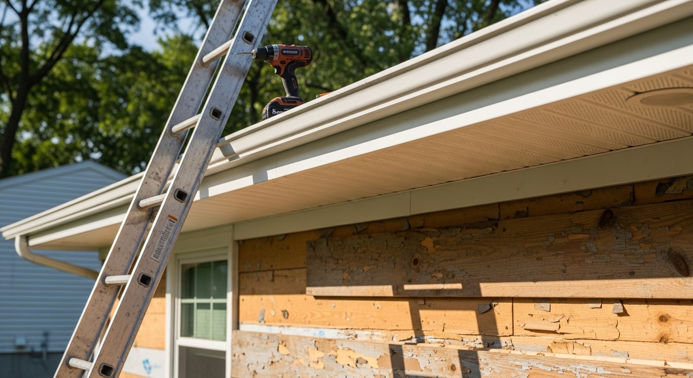 Newly installed vented soffit panels along the eave of a brick ranch home in Warren, Michigan. The white panels run flush beneath the roofline with the fascia board visible above and gutters attached along the edge.