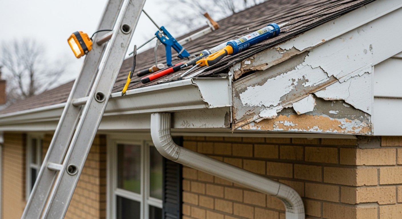 A Warren, MI roofing contractor repairing damaged soffit panels along the eave of a mid-century residential home. Repaired soffit sections show clean, flush panels with intact vent screens replacing previously rotted and sagging material.