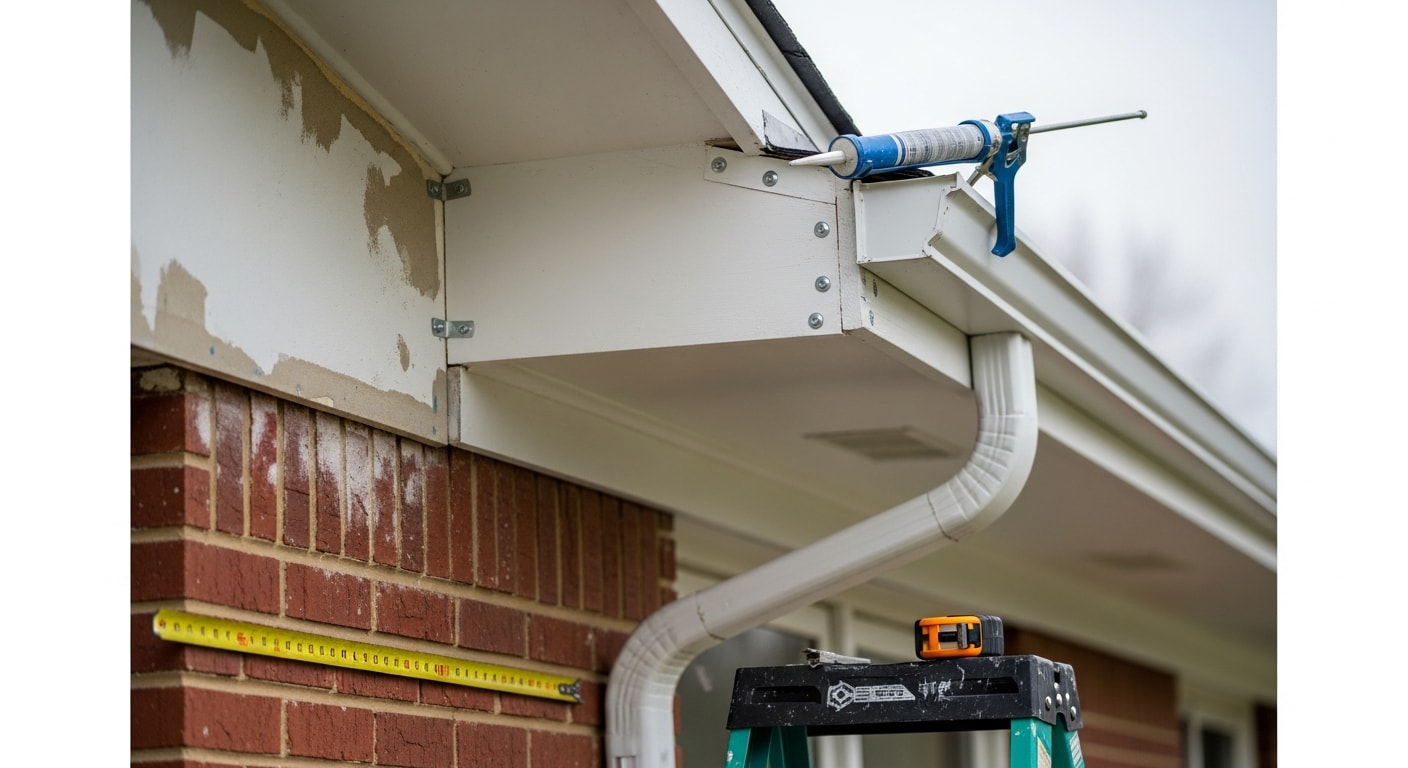 Newly installed white exterior trim along the roofline and window casings of a brick ranch home in Warren, Michigan. The fascia and corner boards are clean, flush, and free of gaps against the brick facade.