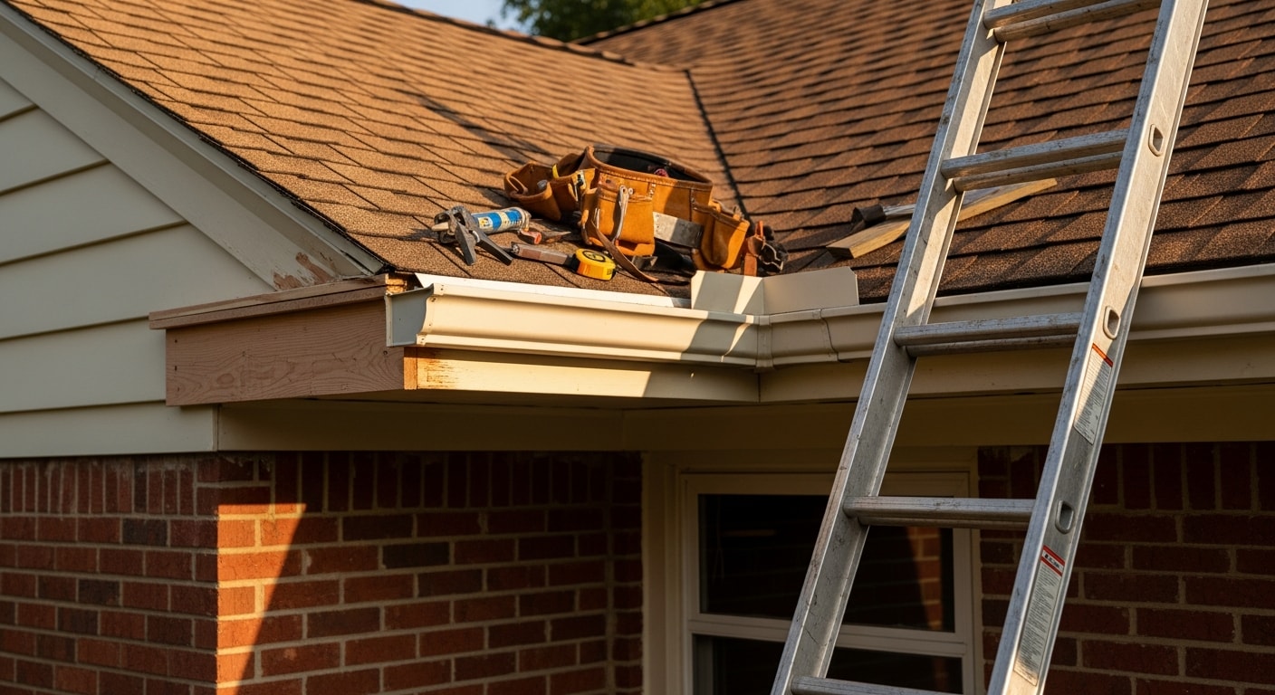 Close-up view of repaired fascia and soffit trim along the roofline of a brick ranch home in Warren, MI. Freshly fitted trim boards run cleanly from the gutter edge to the soffit panel with no visible gaps or rot damage.