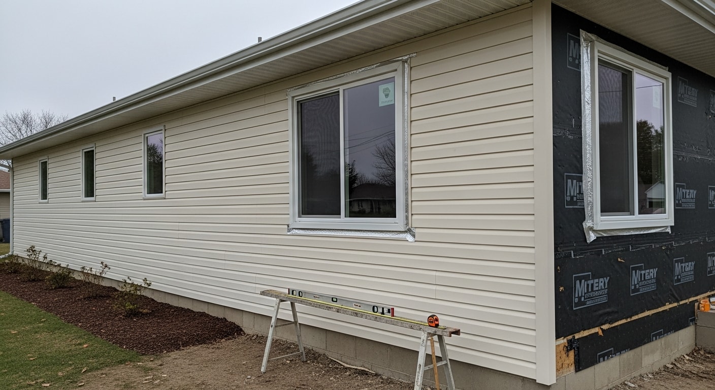 Freshly installed vinyl siding on a ranch-style home in Warren, MI, with fitted corner trim and window wrap visible on the front elevation. The exterior shows clean horizontal panel lines and no gaps at the foundation or roofline.
